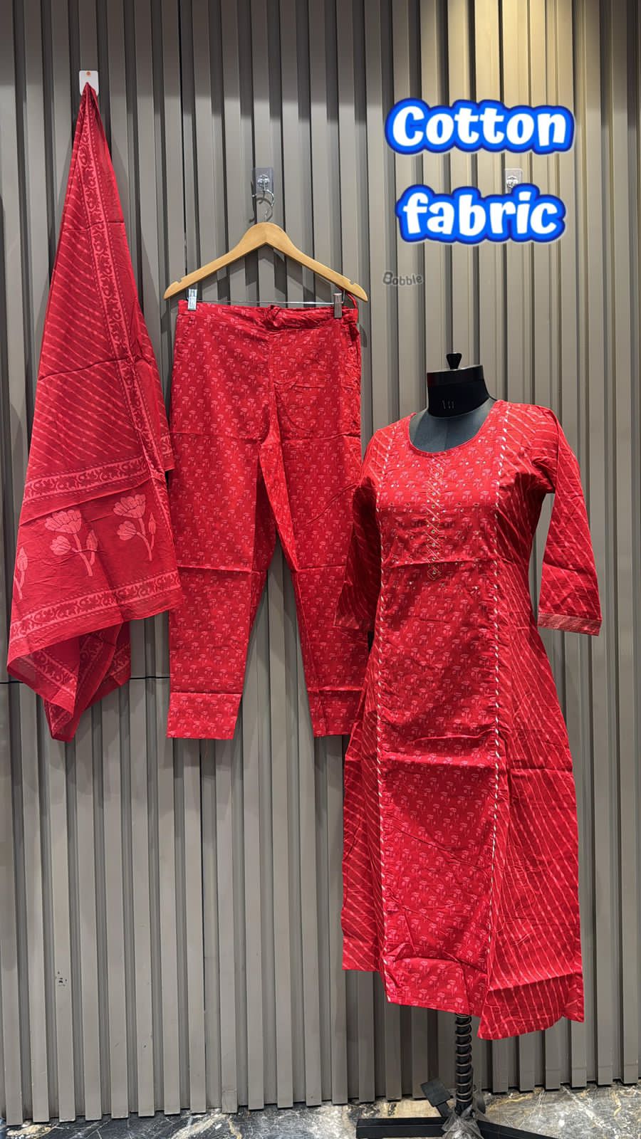 Vibrant Crimson: 3-Piece Leheriya Print Cotton Kurta Set