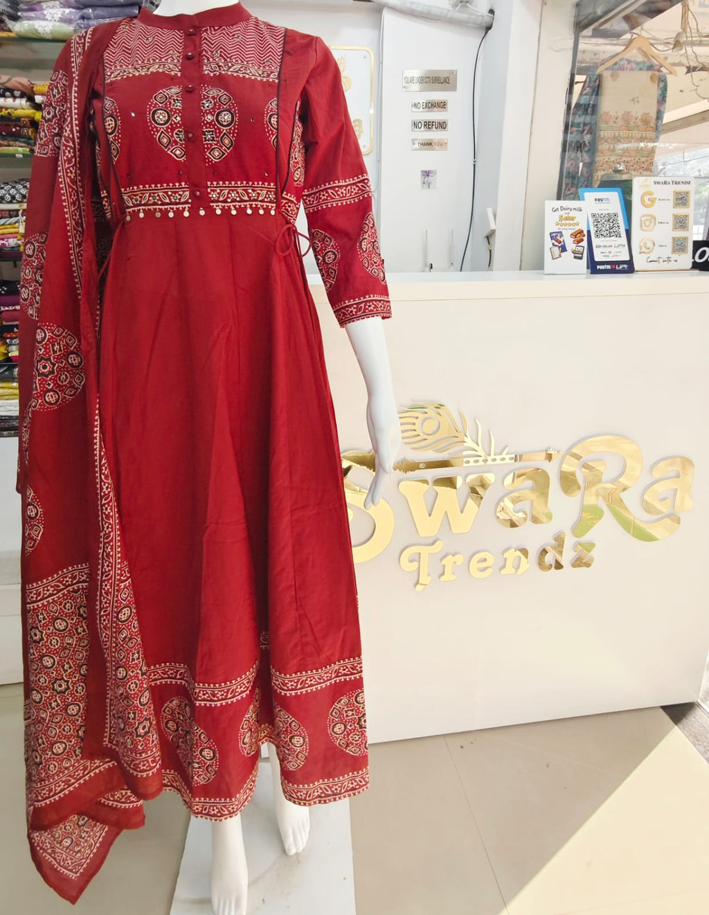 Crimson Heritage Printed Anarkali Set with Dupatta – Premium Ethnic Wear for Women