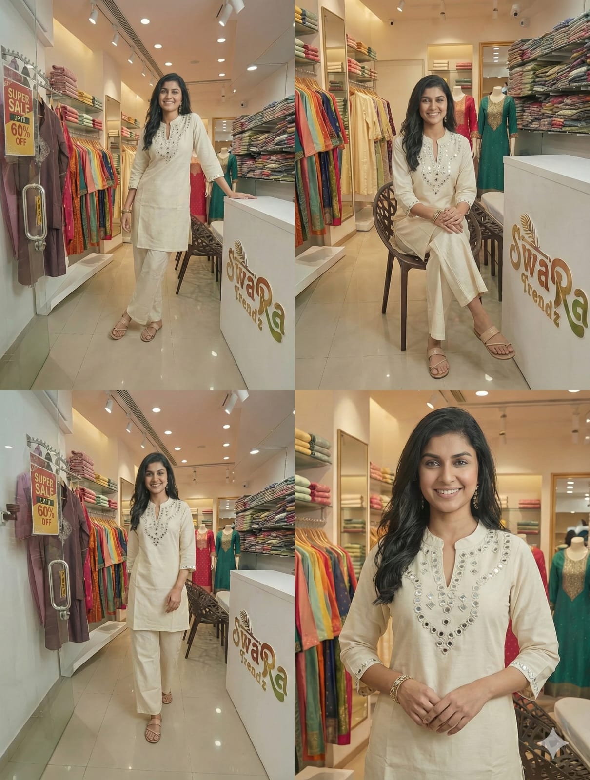 Ivory White Mirror Work Kurti Pant Set