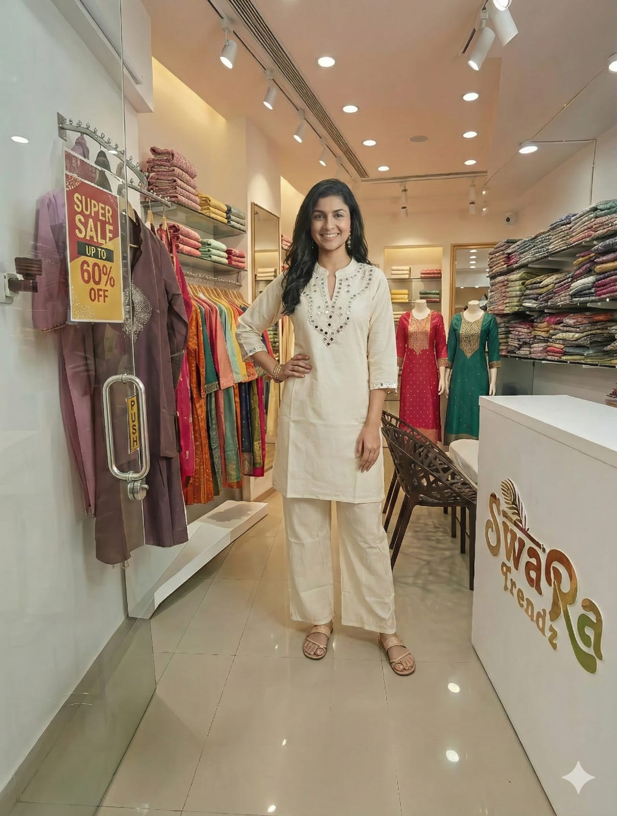 Ivory White Mirror Work Kurti Pant Set