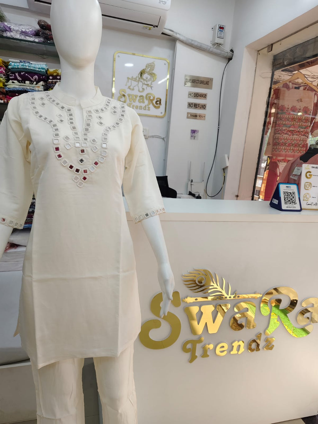 Ivory White Mirror Work Kurti Pant Set