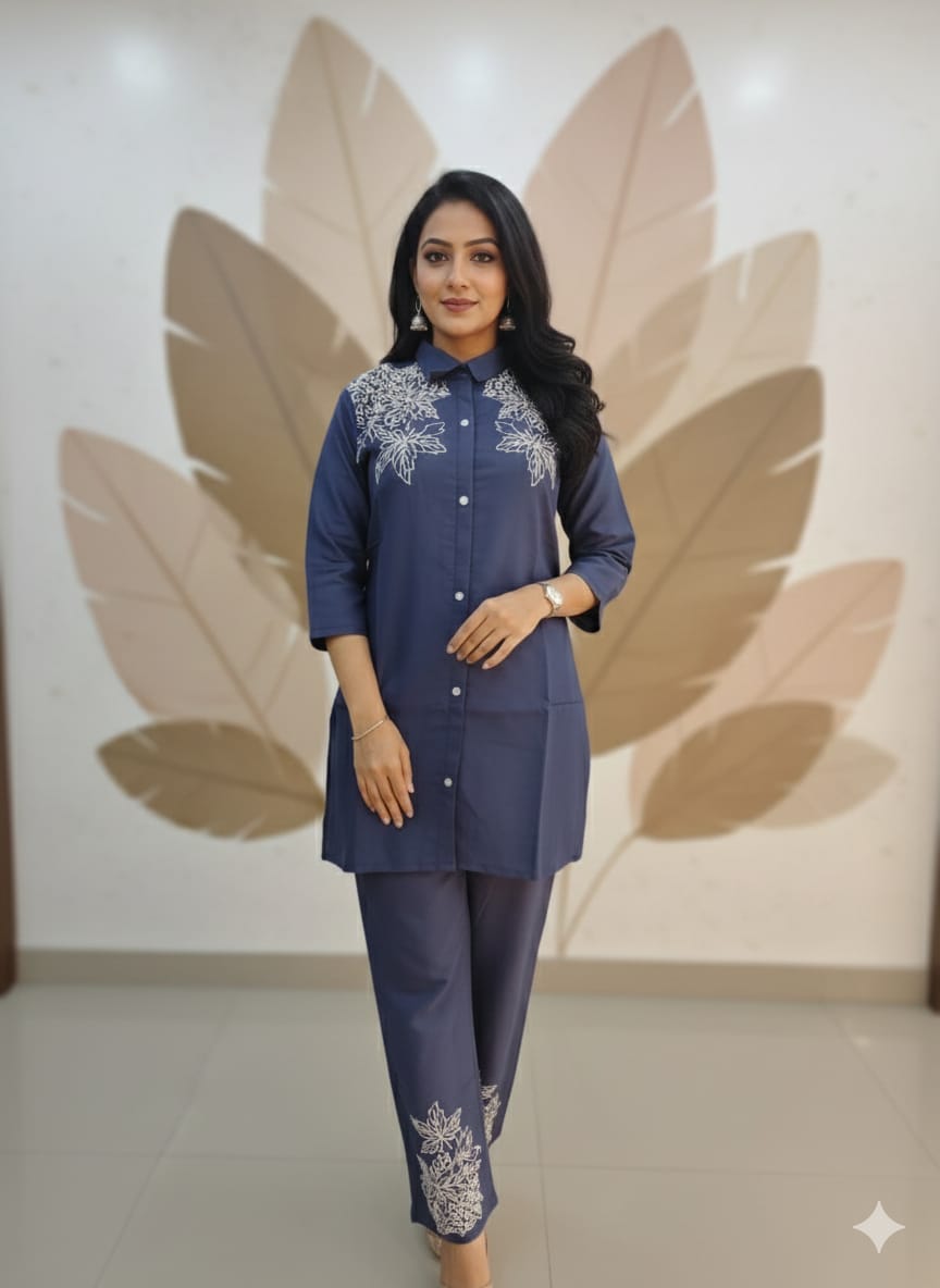 Navy Blue Embroidered Kurti Pant Co-Ord Set