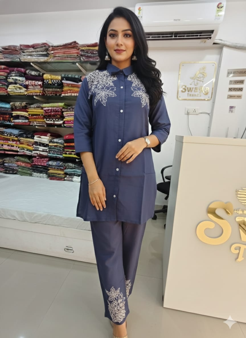 Navy Blue Embroidered Kurti Pant Co-Ord Set
