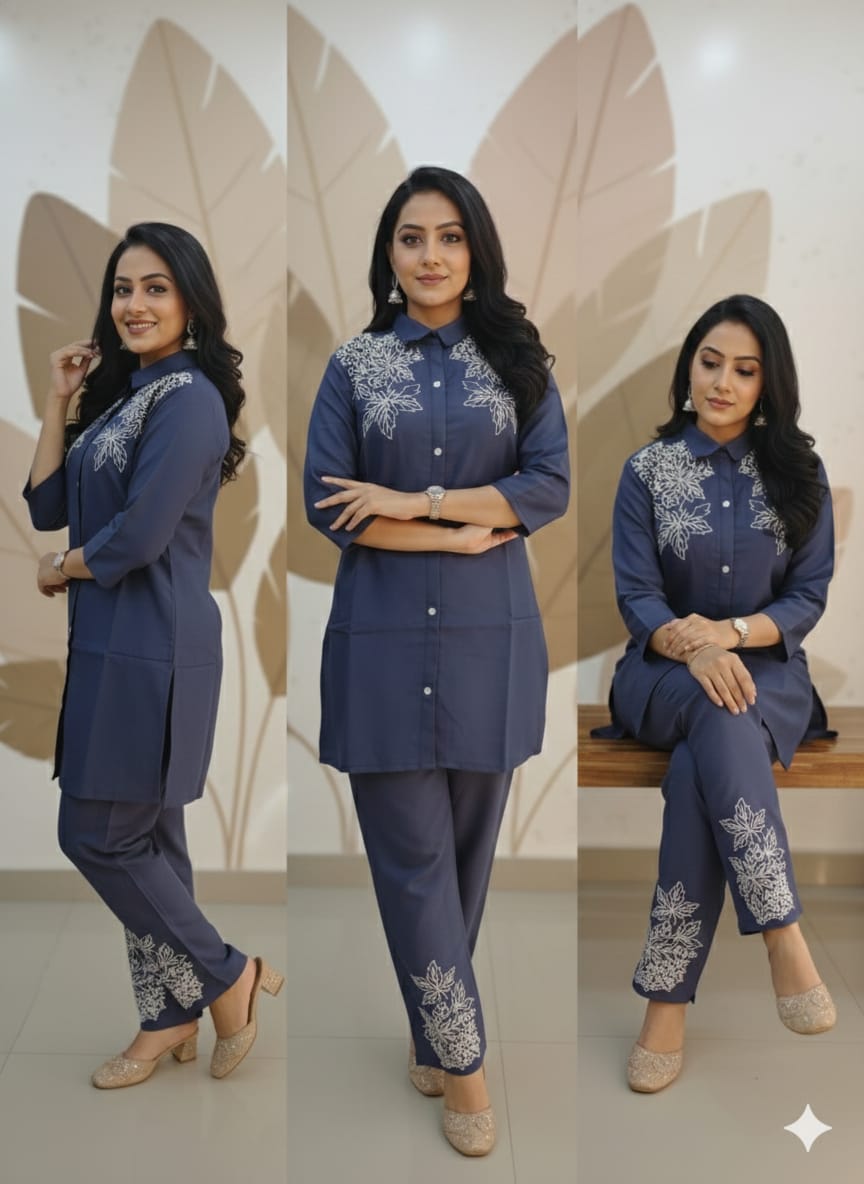 Navy Blue Embroidered Kurti Pant Co-Ord Set
