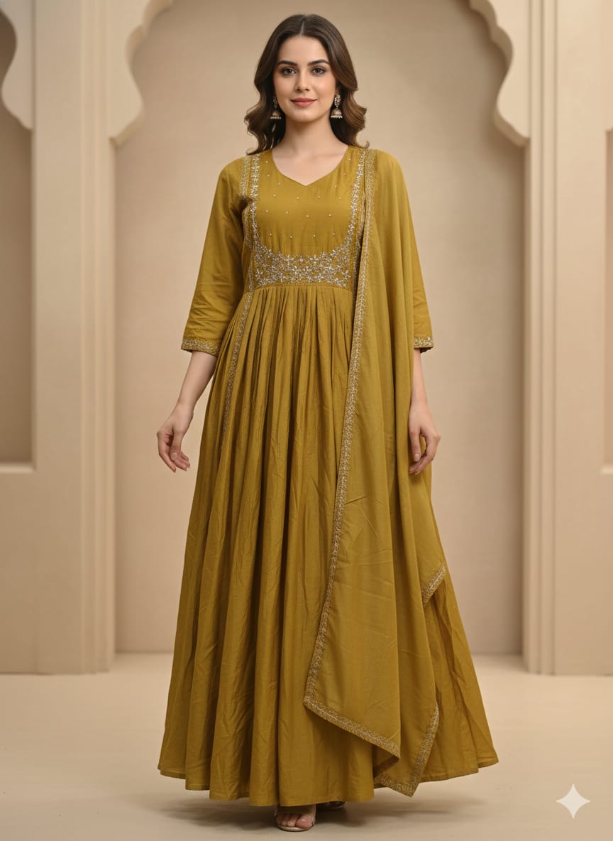 Mustard Yellow Handwork Anarkali Kurta Set with Dupatta