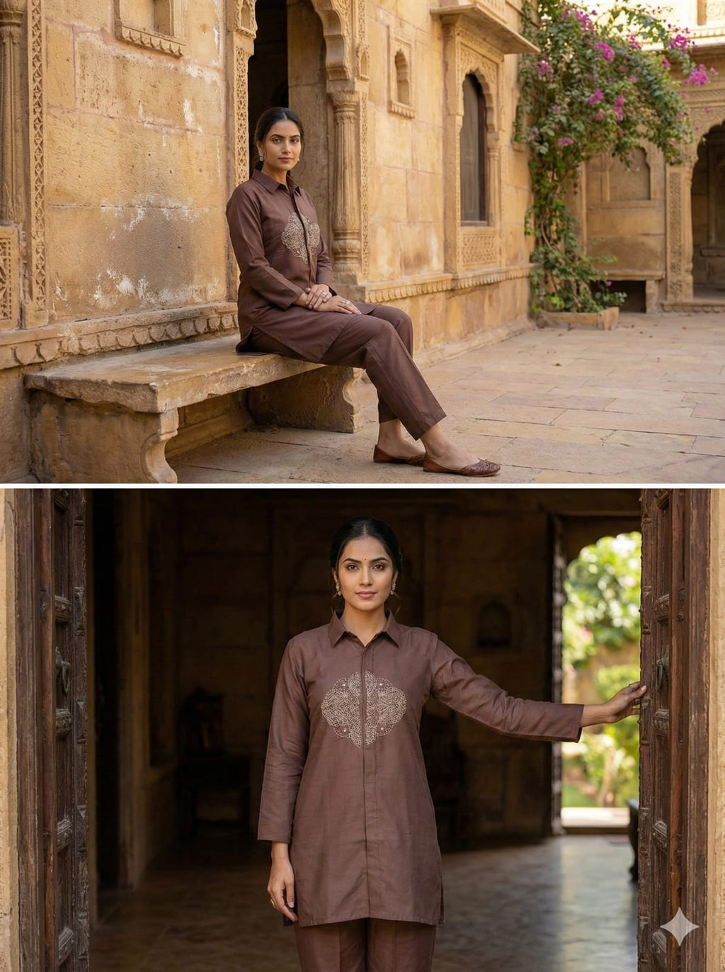 Mocha Brown Embroidered Kurti Pant Co-Ord Set