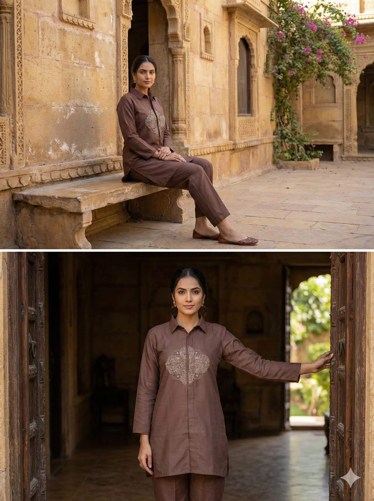 Mocha Brown Embroidered Kurti Pant Co-Ord Set
