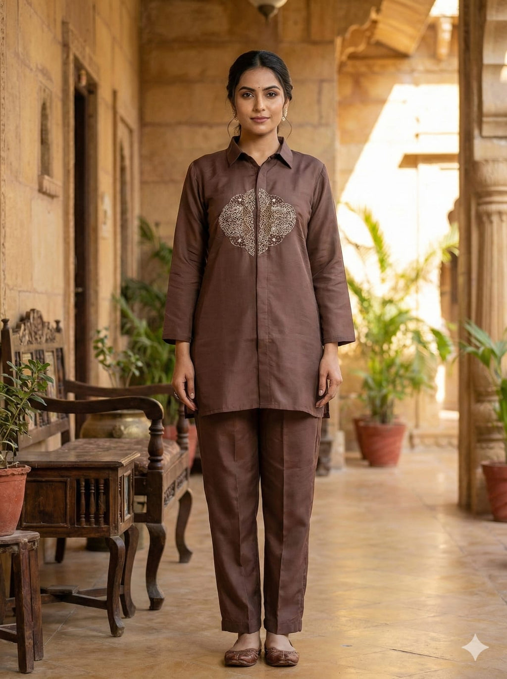 Mocha Brown Embroidered Kurti Pant Co-Ord Set