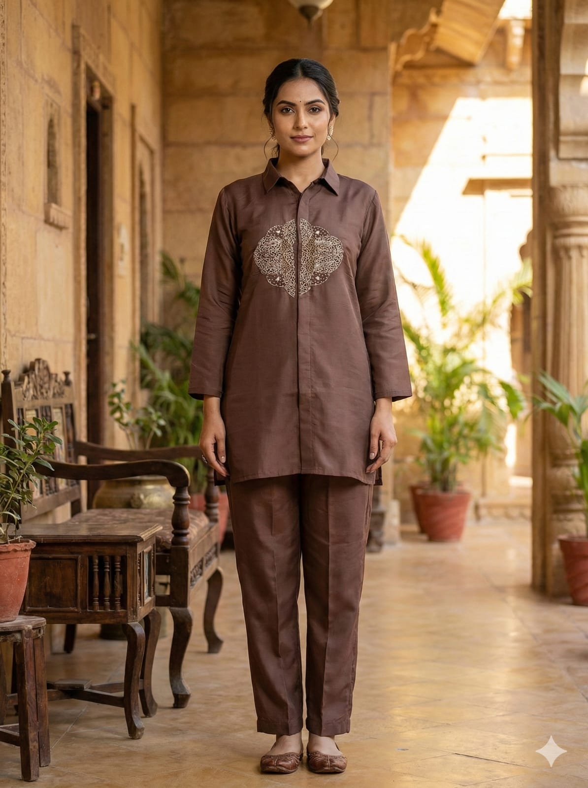 Mocha Brown Embroidered Kurti Pant Co-Ord Set
