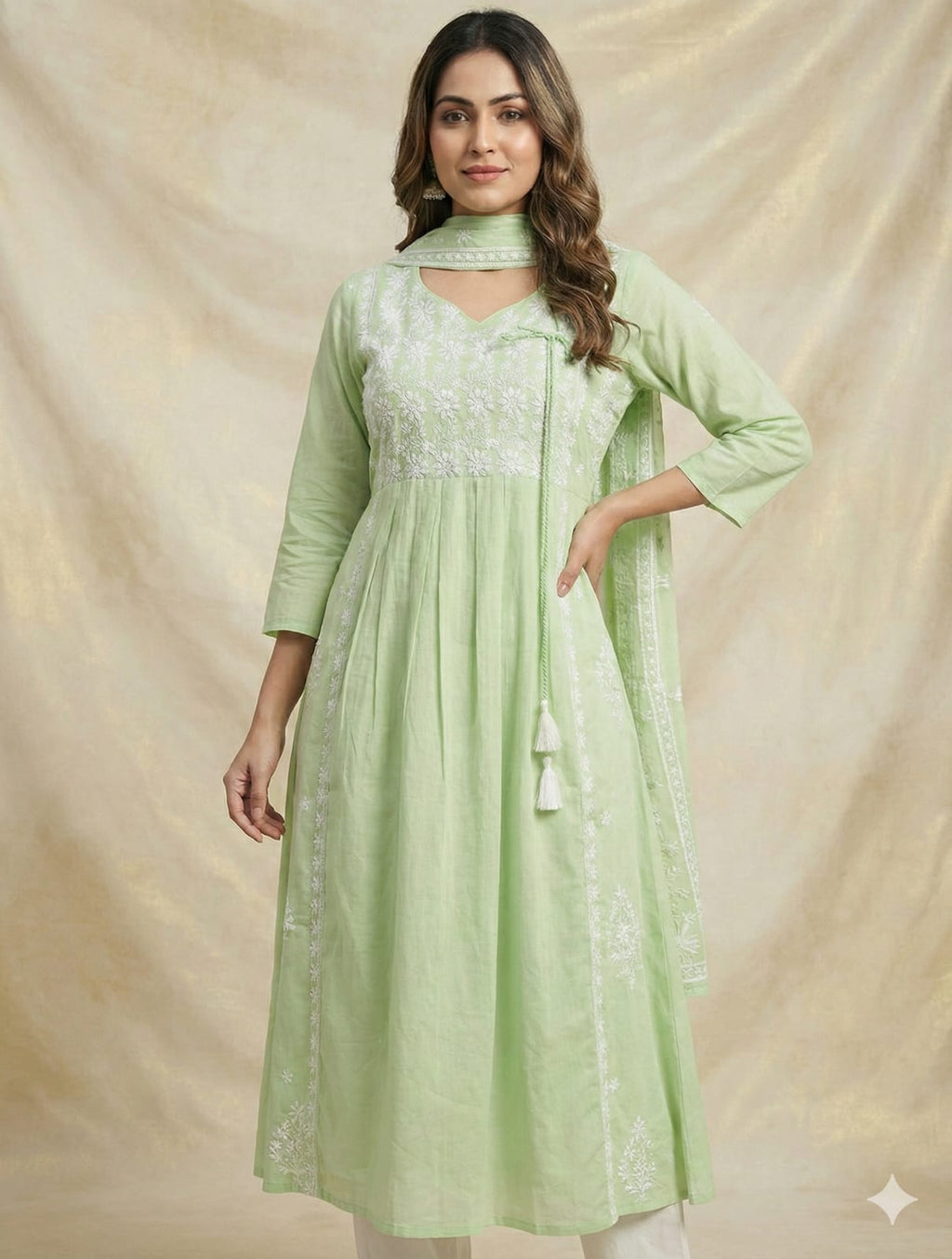 Mint Green Lucknowi Embroidered Mul Cotton Kurti Set with Dupatta