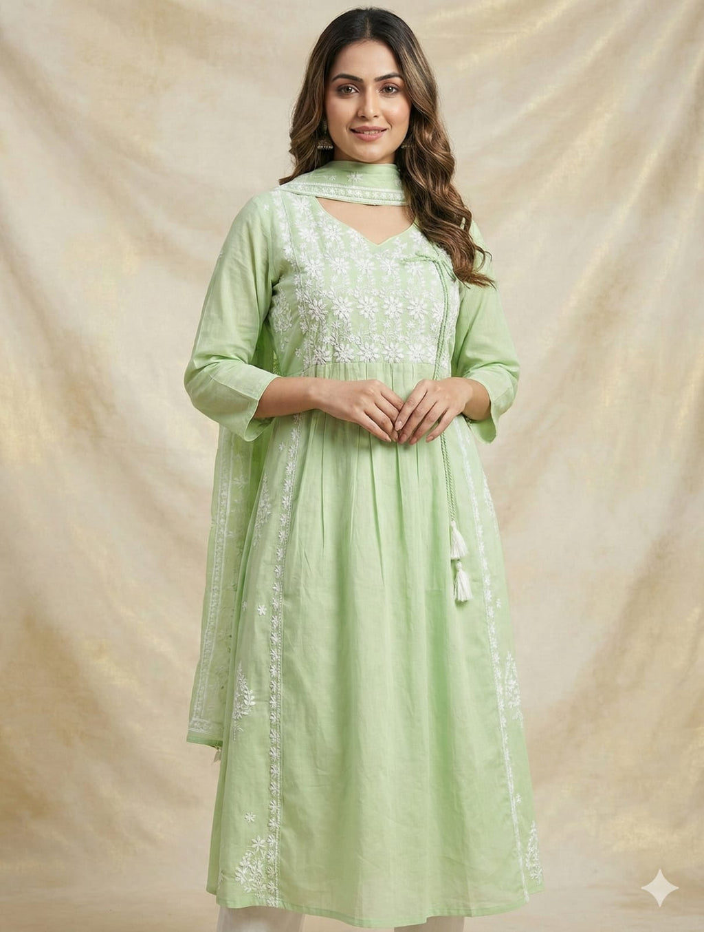 Mint Green Lucknowi Embroidered Mul Cotton Kurti Set with Dupatta