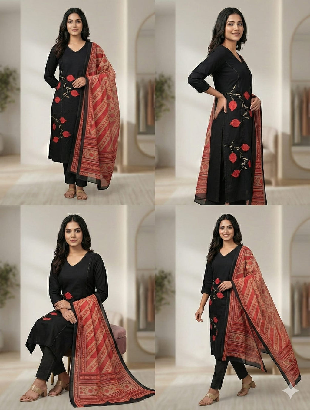 Black Embroidered and Applique Work Kurti Set with Contrast Dupatta & Pants