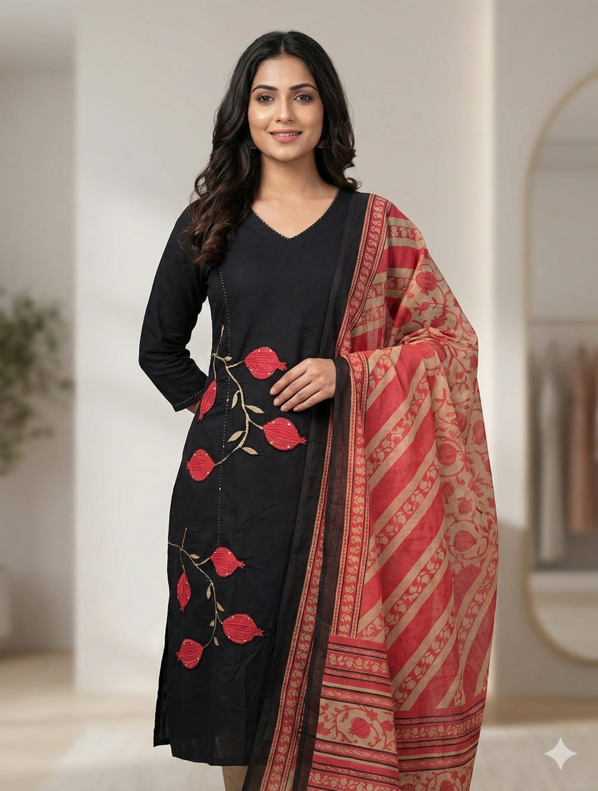 Black Embroidered and Applique Work Kurti Set with Contrast Dupatta & Pants