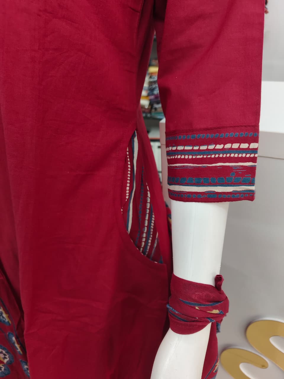 Crimson Red Printed Kurta Set with Dupatta & Striped Pants