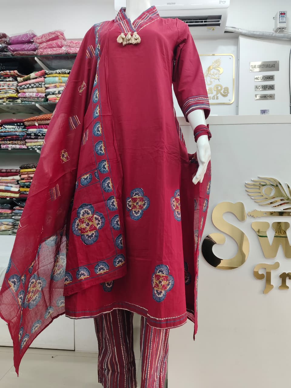 Crimson Red Printed Kurta Set with Dupatta & Striped Pants