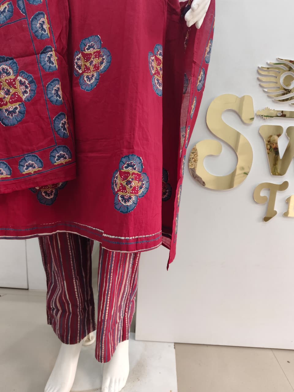 Crimson Red Printed Kurta Set with Dupatta & Striped Pants