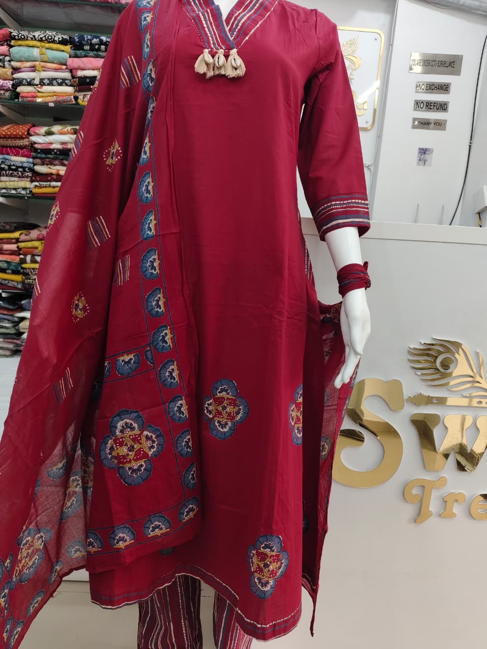 Crimson Red Printed Kurta Set with Dupatta & Striped Pants