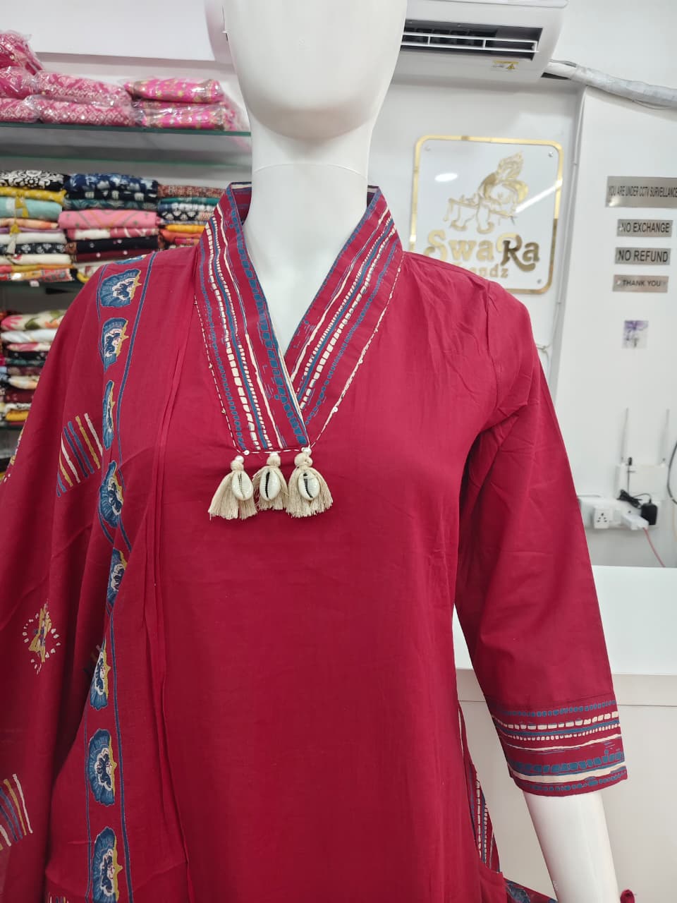 Crimson Red Printed Kurta Set with Dupatta & Striped Pants
