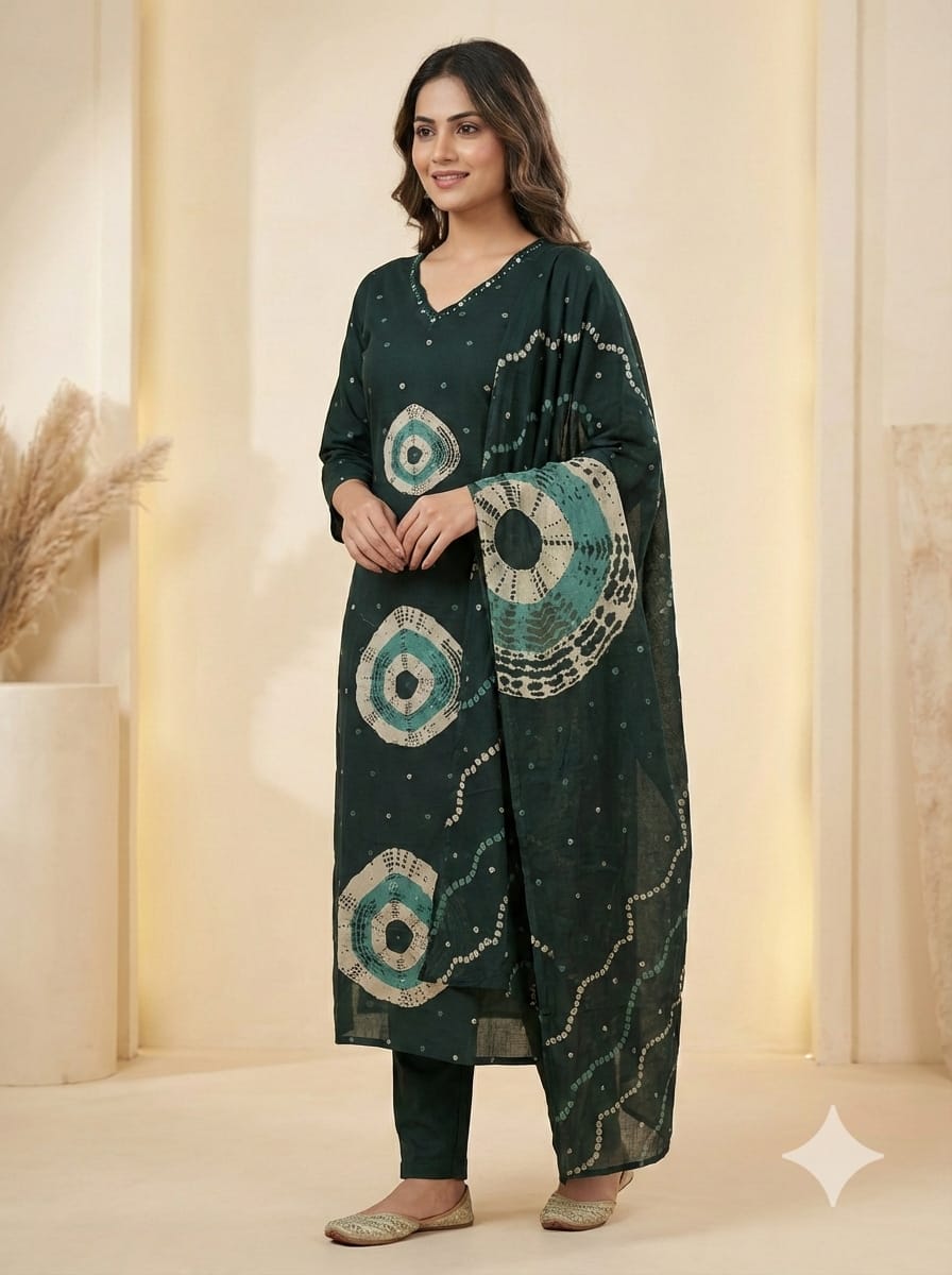 Emerald Green Printed Kurta Set with Dupatta