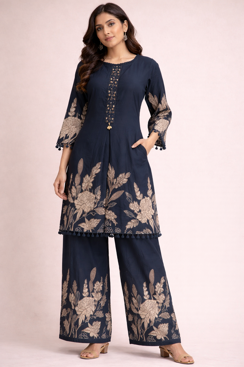 Dark Teal Embroidered Kurti Palazzo Co-Ord Set for Women