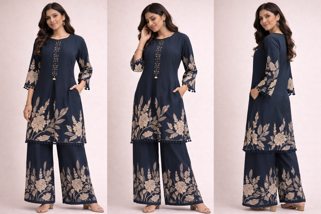 Dark Teal Embroidered Kurti Palazzo Co-Ord Set for Women