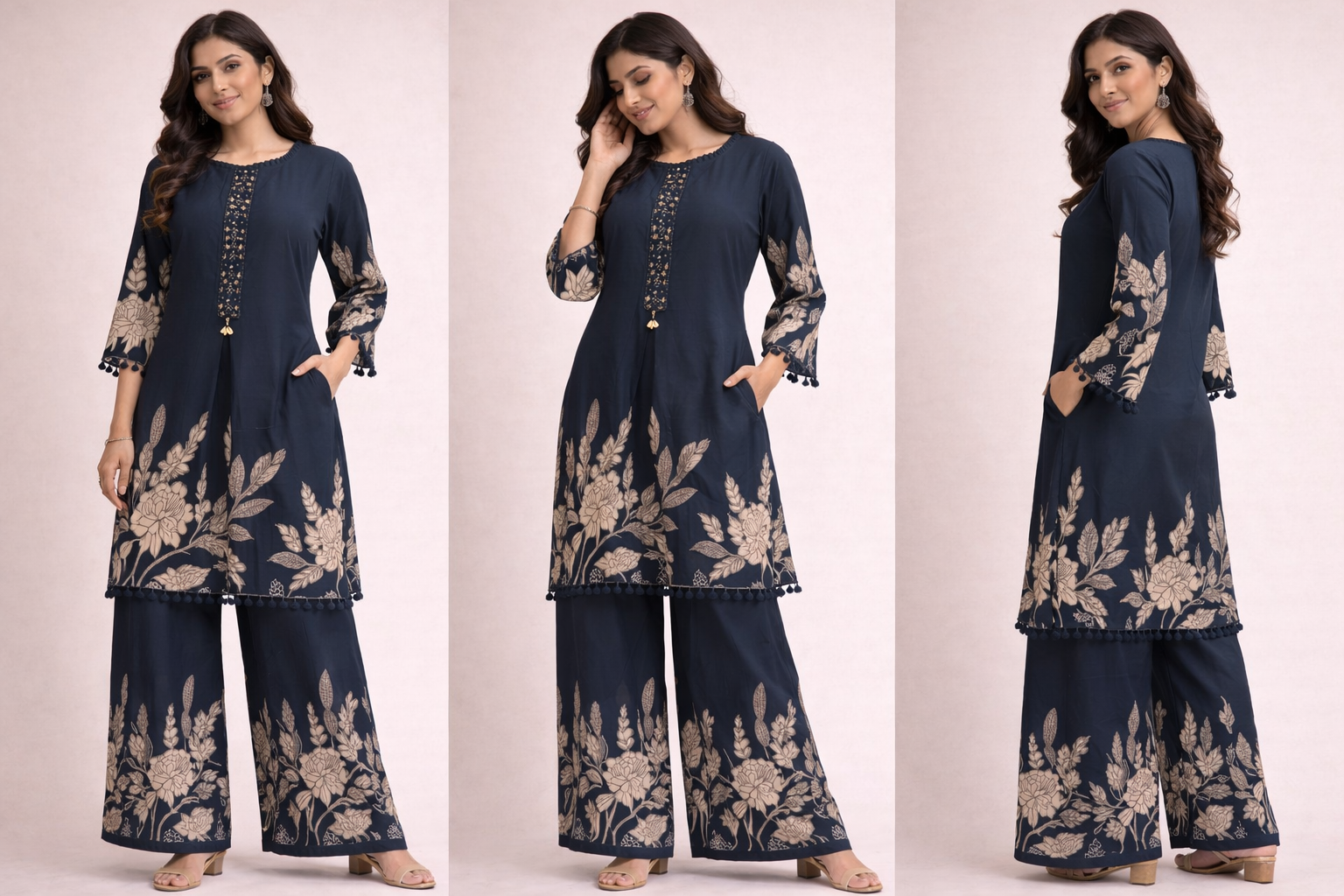 Dark Teal Embroidered Kurti Palazzo Co-Ord Set for Women