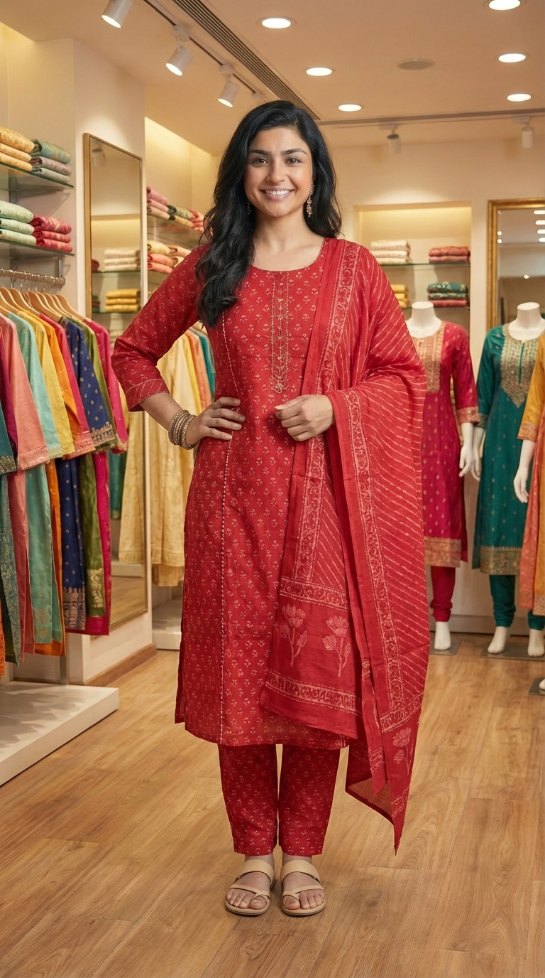 Vibrant Crimson: 3-Piece Leheriya Print Cotton Kurta Set