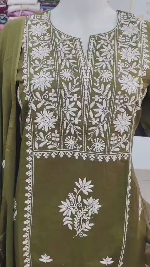 Olive Green Embroidered Kurta Set with Elegant Dupatta
