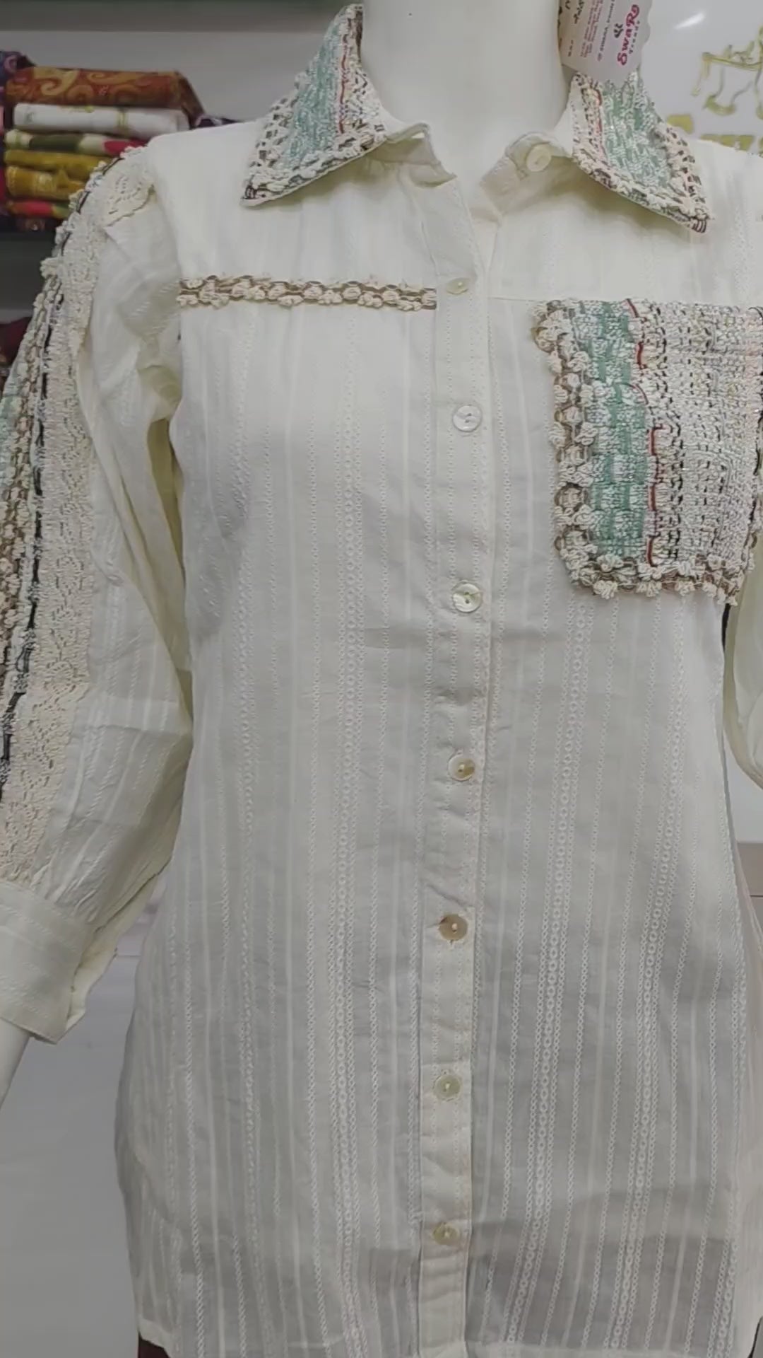 Elegant Pure Cotton Textured Short Top with Handcrafted Jute Lace Detailing