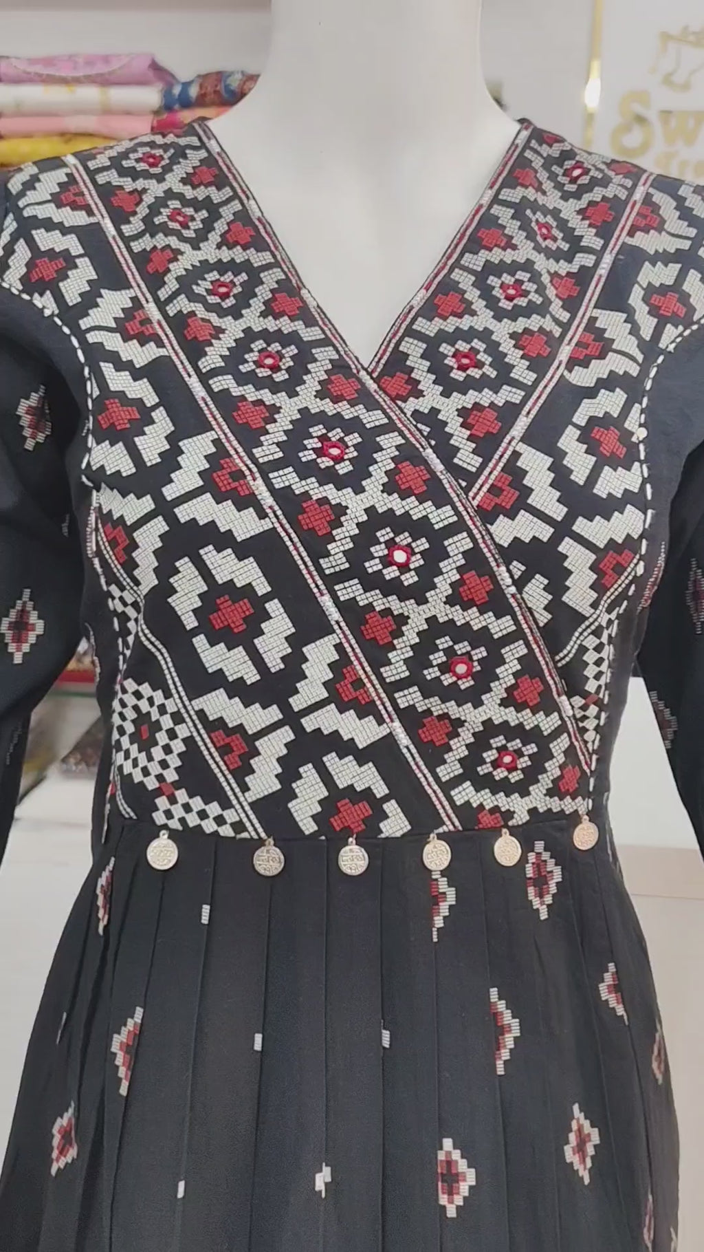 Elegant Black Printed Cotton Kurti with Coin Detail | A-Line Ethnic Dress for Women