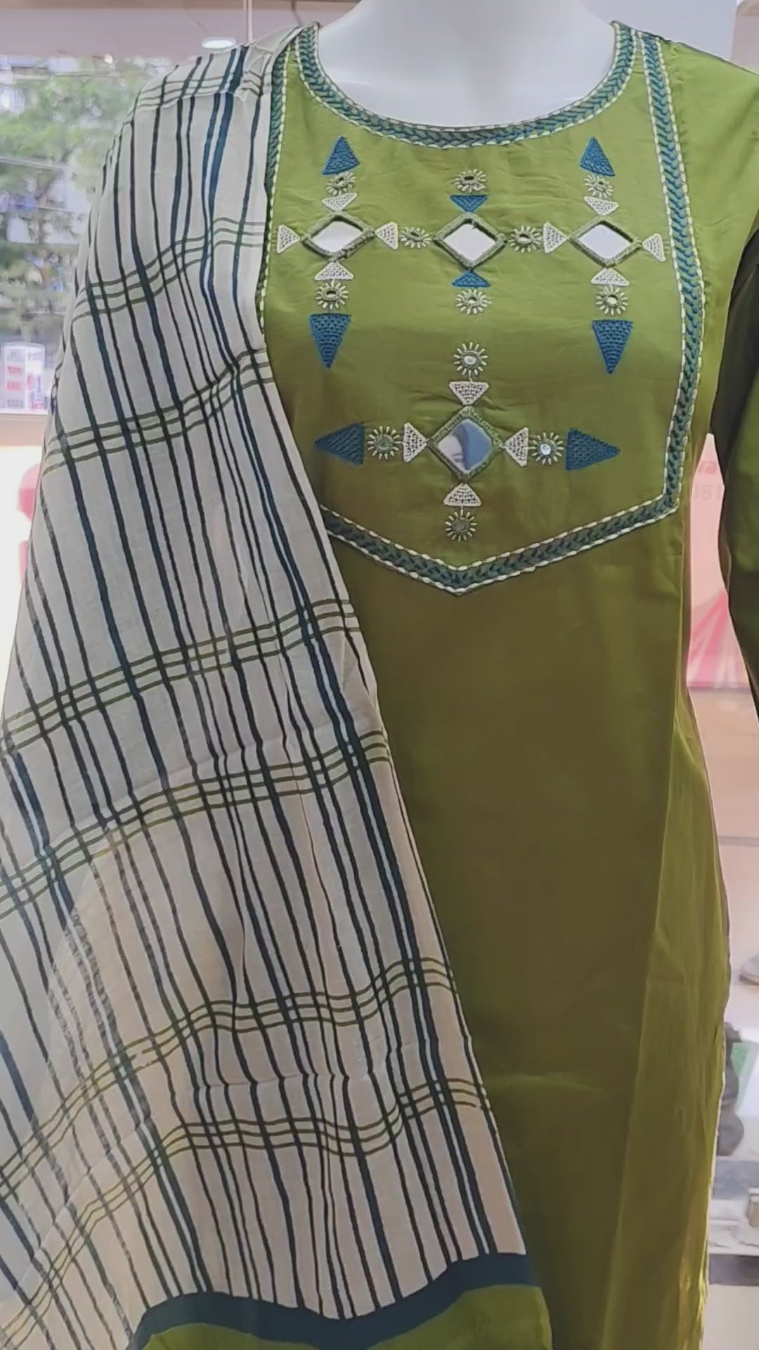Olive Green Mirror Work Cotton Kurta Pant Dupatta Set for Women
