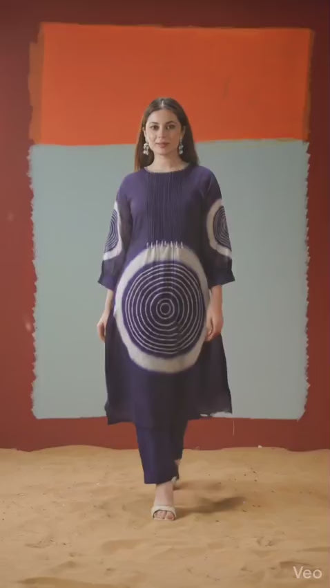 Pure Mul Royal Indigo Tie-Dye Pleated Kurta Set with both side pocket