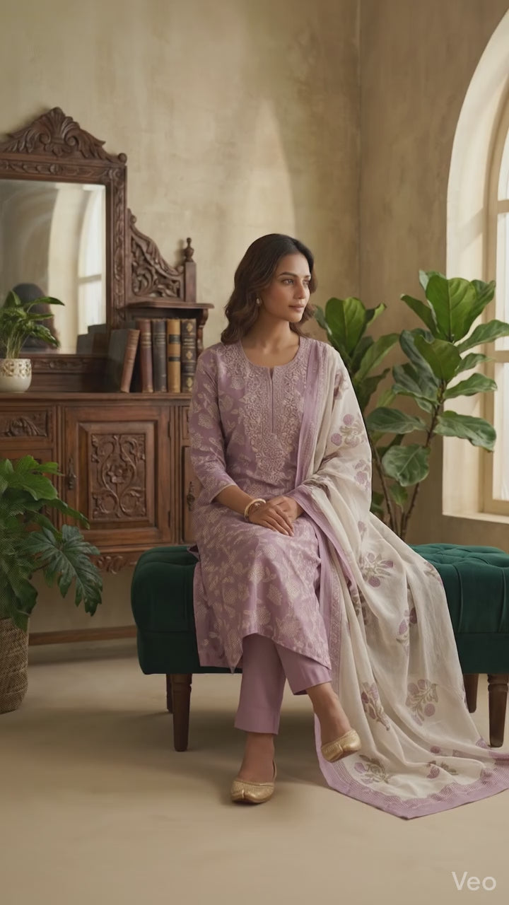 Lavender Floral Printed Cotton Kurta Set with Embroidered Neckline & Dupatta