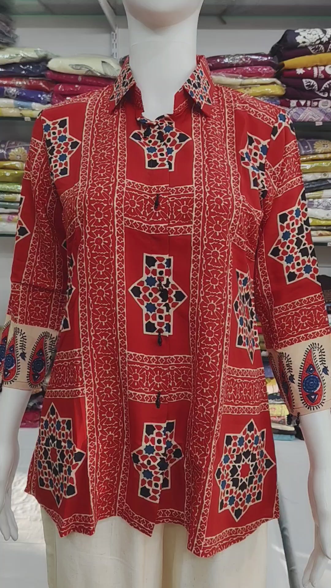 Stylish Red Viscose Printed Short Top with Shirt Collar & Designer Sleeves