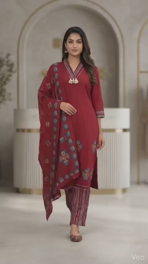 Crimson Red Printed Kurta Set with Dupatta & Striped Pants