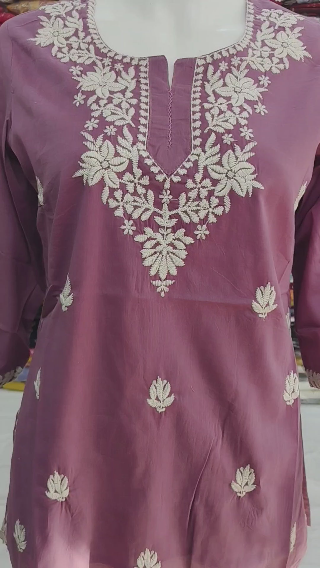 Women’s Mul Cotton Embroidered Short Kurti Top – Lavender Pink