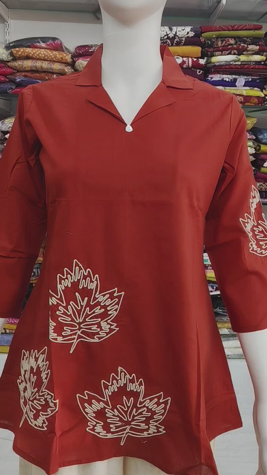 Rust Red Cotton Short Top with Leaf Embroidery | Casual A-Line Tunic for Women