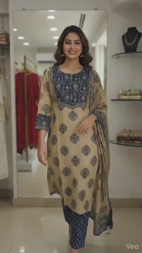 Royal Blue & Beige Printed Kurta Set with Dupatta