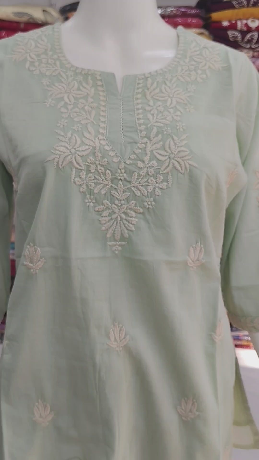 Women’s Mul Cotton Embroidered Short Kurti Top – Pista Green