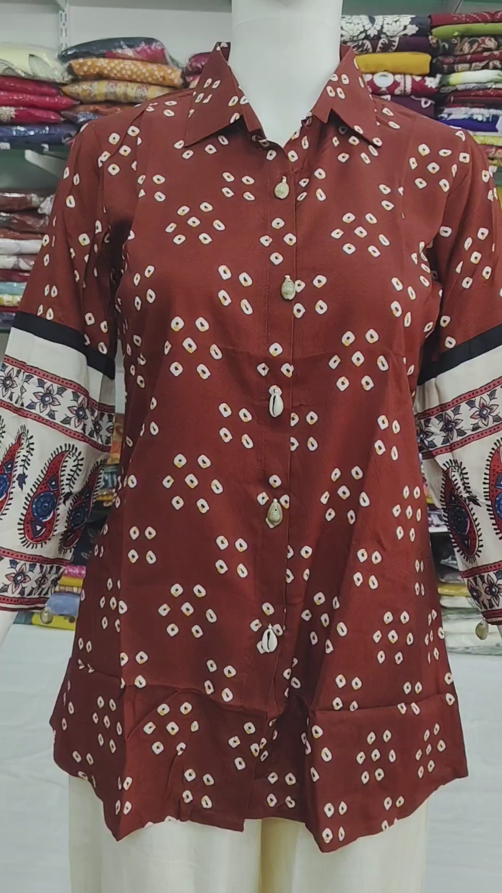 Rust Bandhani Print Viscose Short Top with Designer Sleeves & Collar Neck