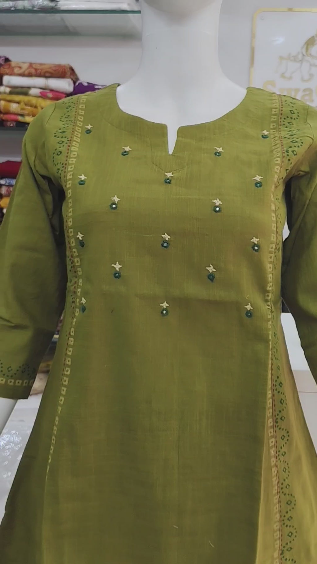 Olive Green Cotton Flex Embroidered Short Top