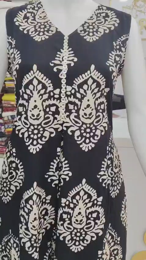 Black & Ivory Printed Sleeveless A-Line Kurti Dress ( Sleeves Attached)