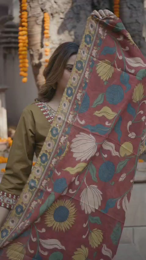 Elegant Olive Embroidered Kurta Set with Printed Dupatta