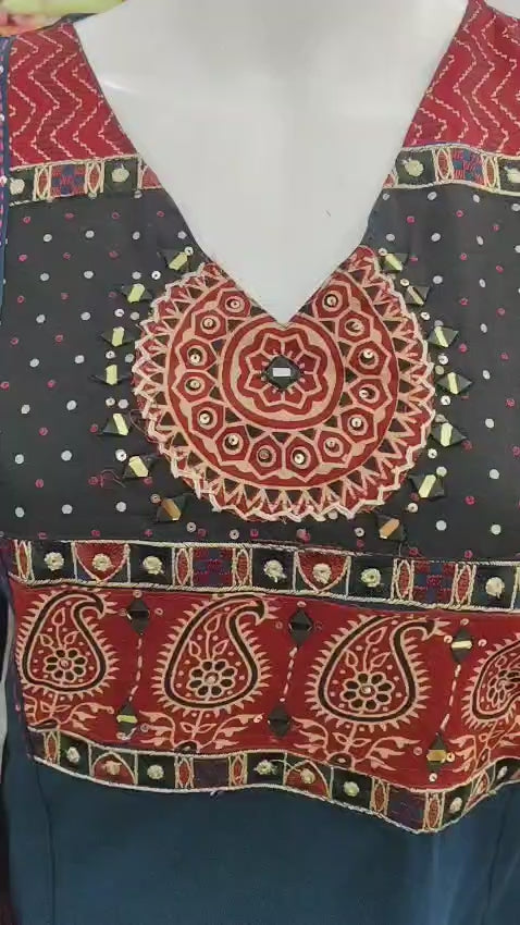 Dark Blue Ethnic Printed Kurta Set with Contrast Dupatta