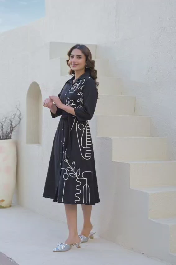 Black Abstract Appliqued Shirt Dress with Belt