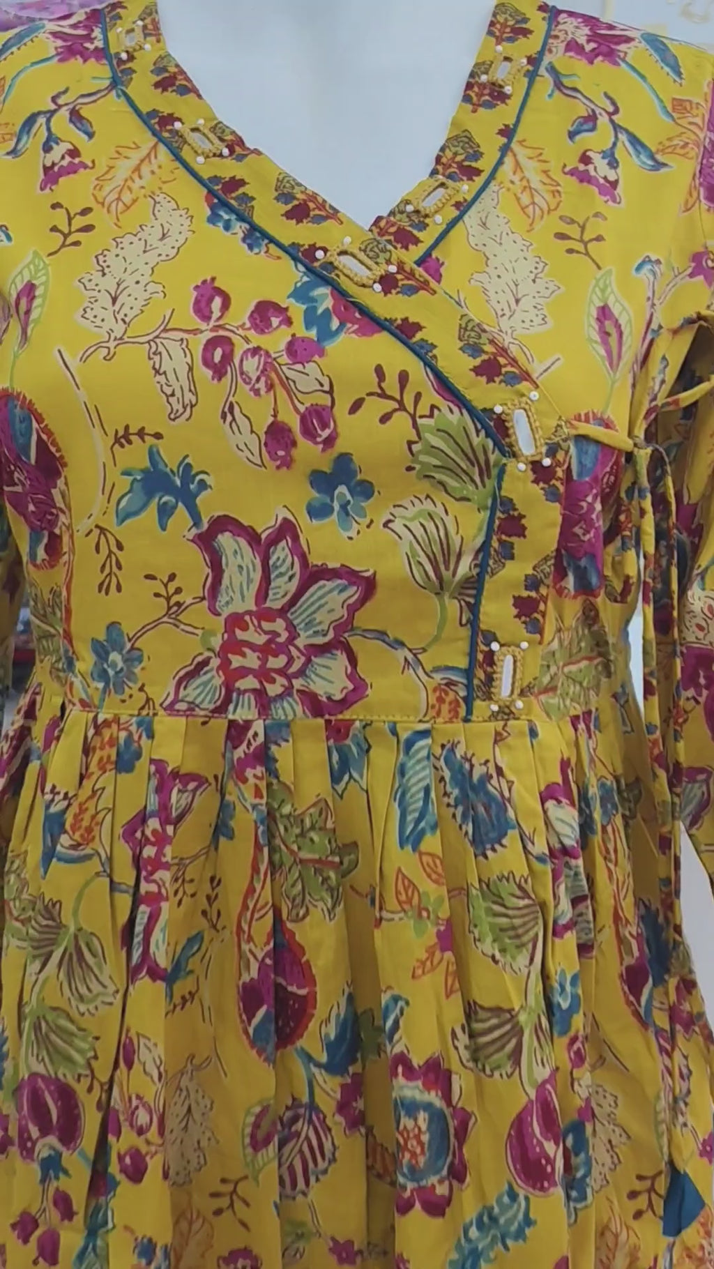 Mustard Yellow Floral Cotton Kurti with Printed Pant (2-Piece Set)