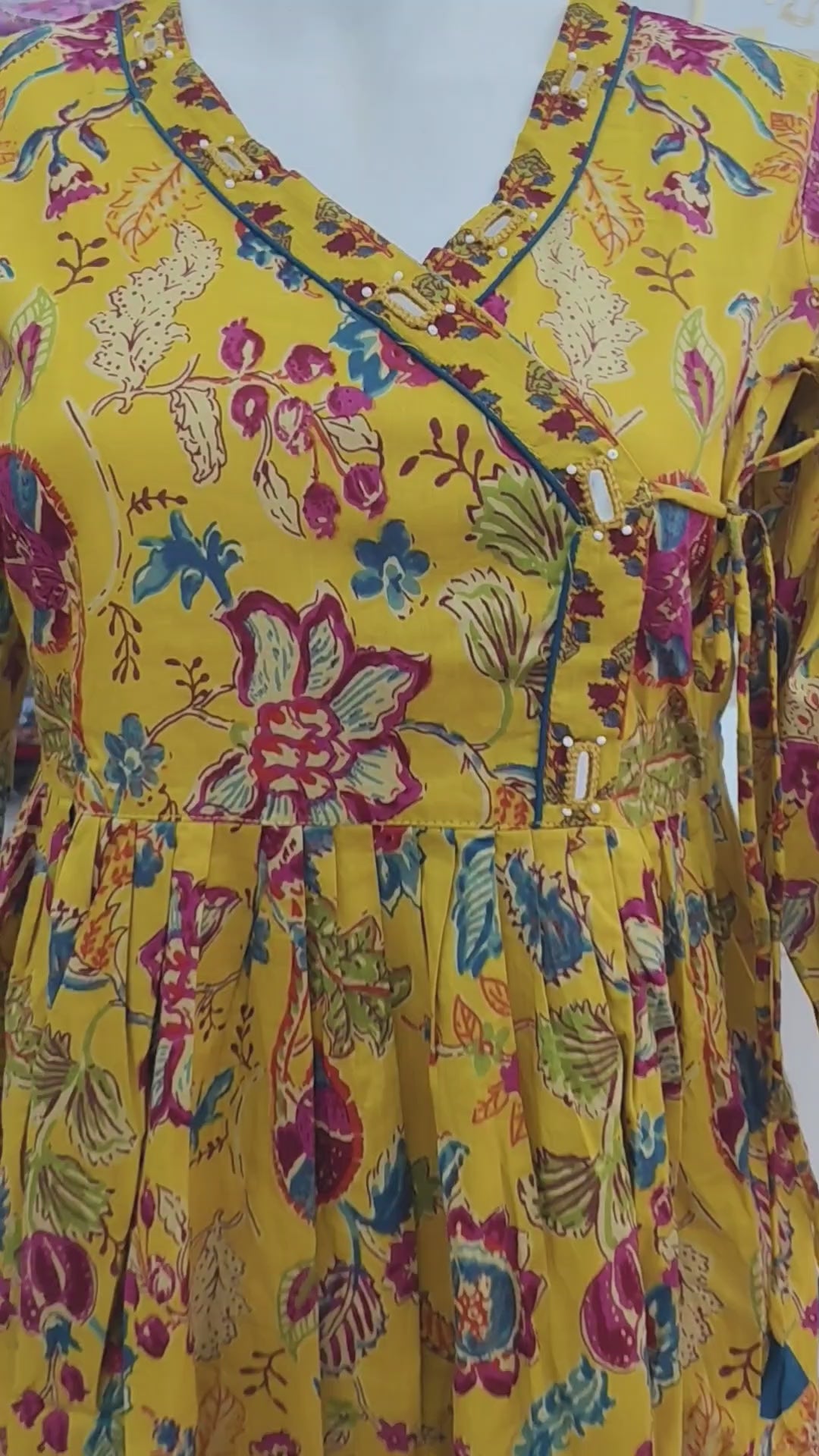 Mustard Yellow Floral Cotton Kurti with Printed Pant (2-Piece Set)