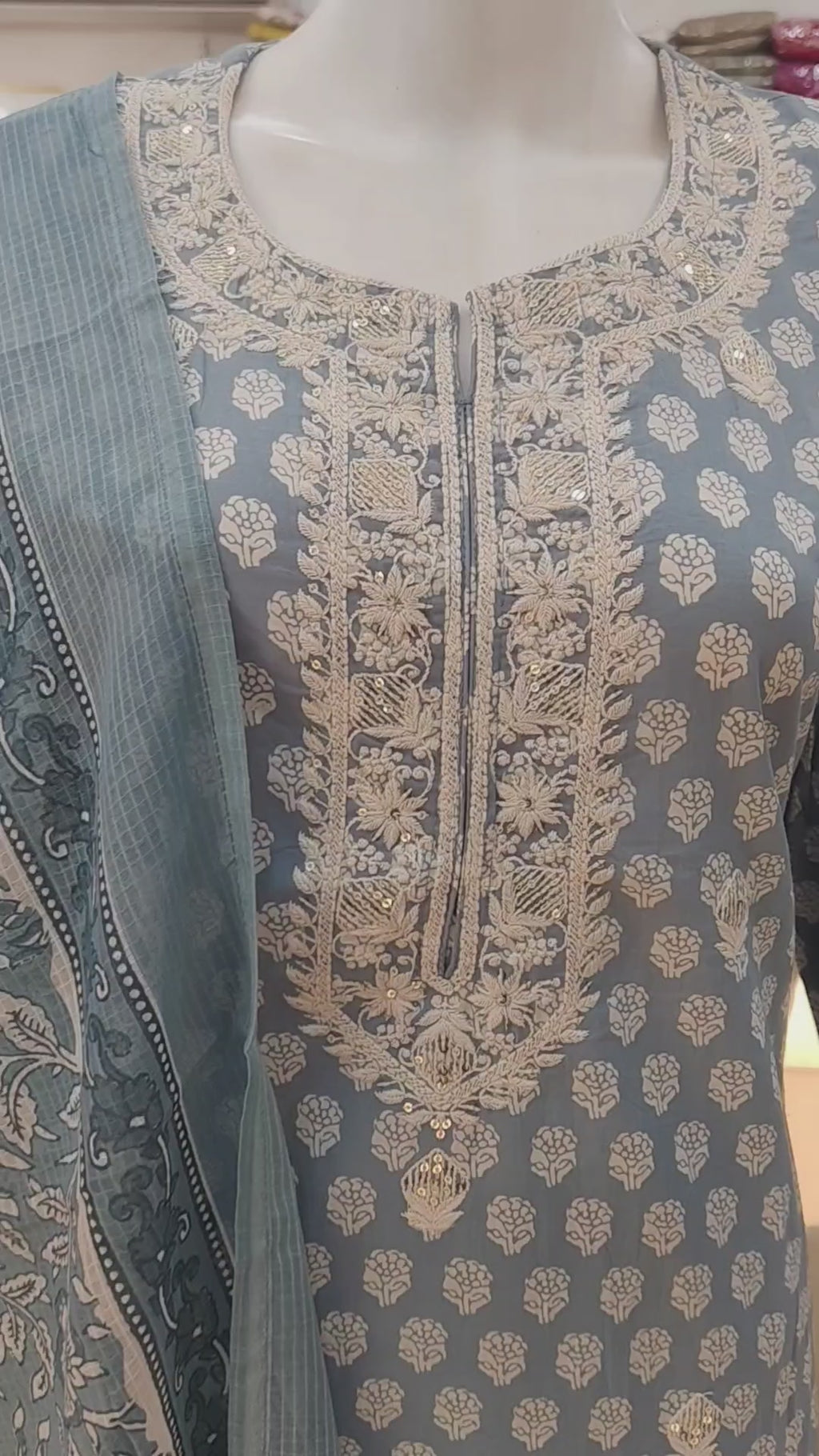 Powder Blue Handblock Printed Cotton Suit Set with Embroidered Neckline & Dupatta