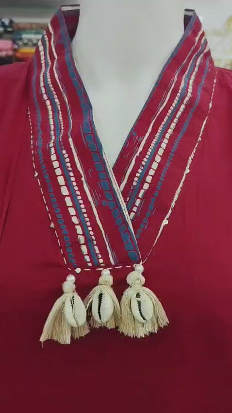 Crimson Red Printed Kurta Set with Dupatta & Striped Pants