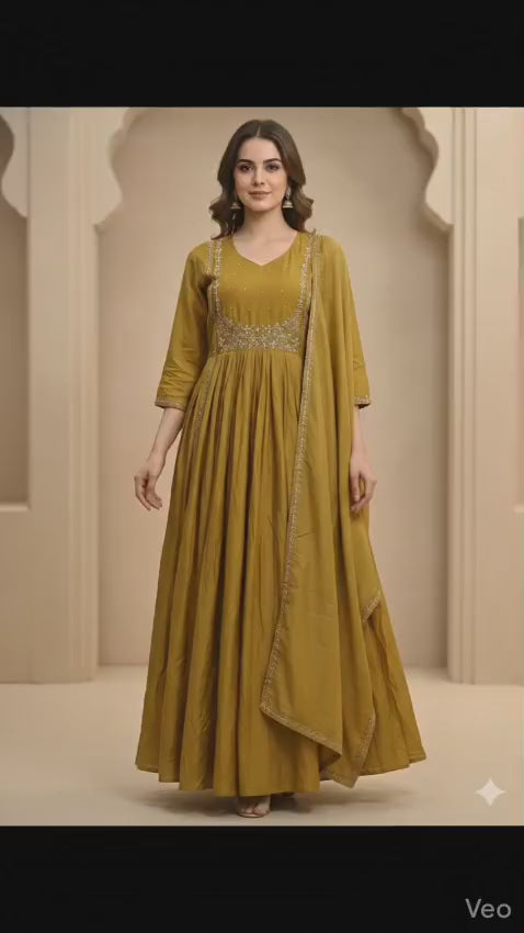 Mustard Yellow Handwork Anarkali Kurta Set with Dupatta